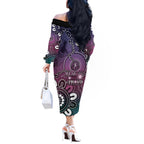 NAIDOC Week 2024 Fire Burning Off The Shoulder Long Sleeve Dress Aboriginal Dots Pink Art