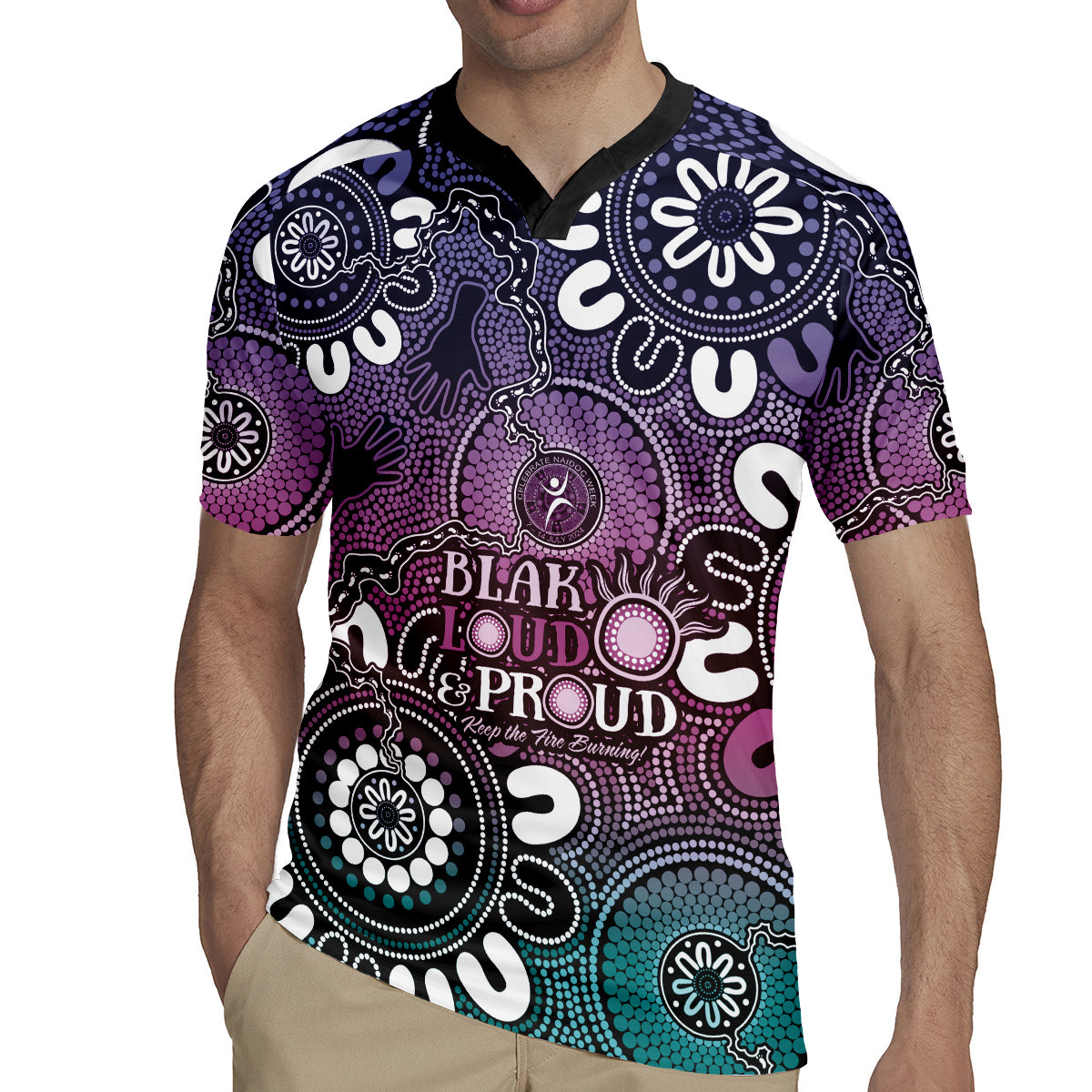 NAIDOC Week 2024 Fire Burning Rugby Jersey Aboriginal Dots Pink Art