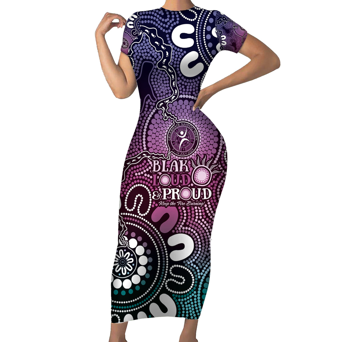 NAIDOC Week 2024 Fire Burning Short Sleeve Bodycon Dress Aboriginal Dots Pink Art