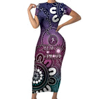 NAIDOC Week 2024 Fire Burning Short Sleeve Bodycon Dress Aboriginal Dots Pink Art