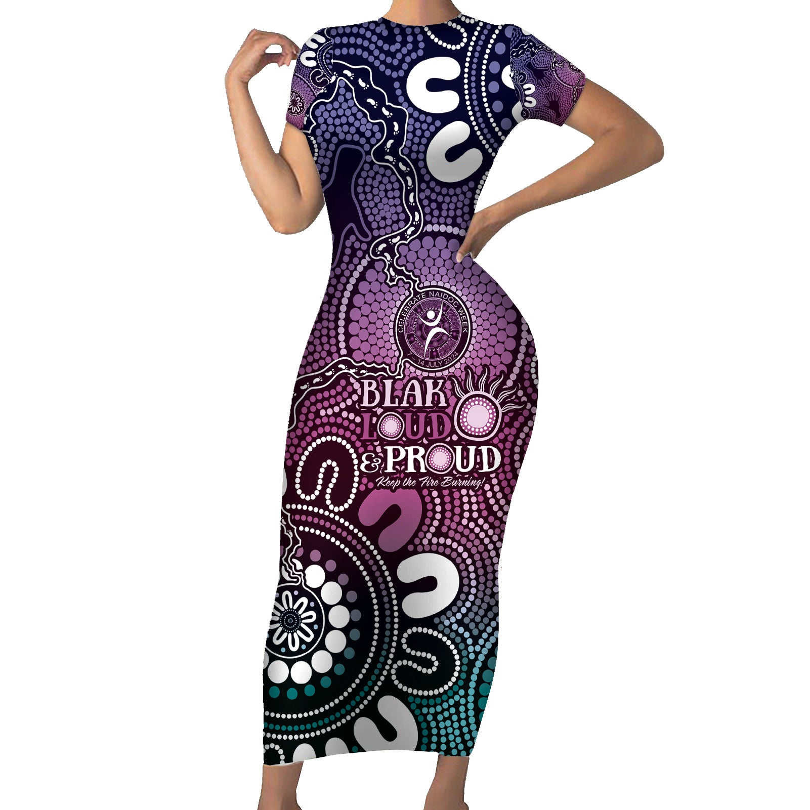 NAIDOC Week 2024 Fire Burning Short Sleeve Bodycon Dress Aboriginal Dots Pink Art