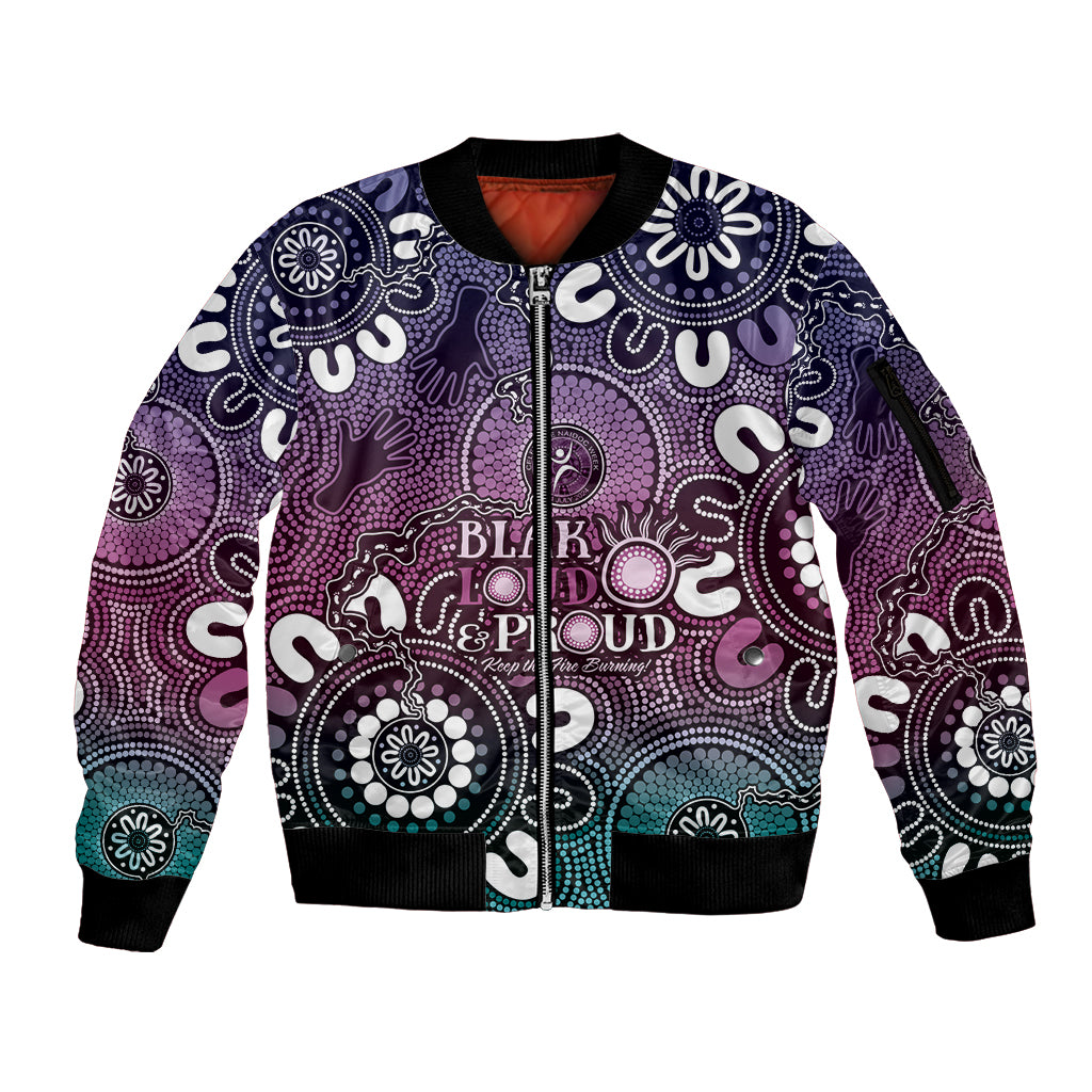 NAIDOC Week 2024 Fire Burning Sleeve Zip Bomber Jacket Aboriginal Dots Pink Art