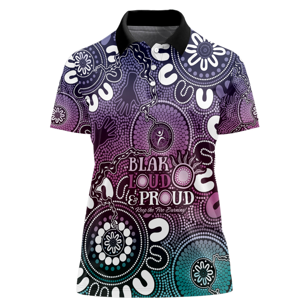NAIDOC Week 2024 Fire Burning Women Polo Shirt Aboriginal Dots Pink Art