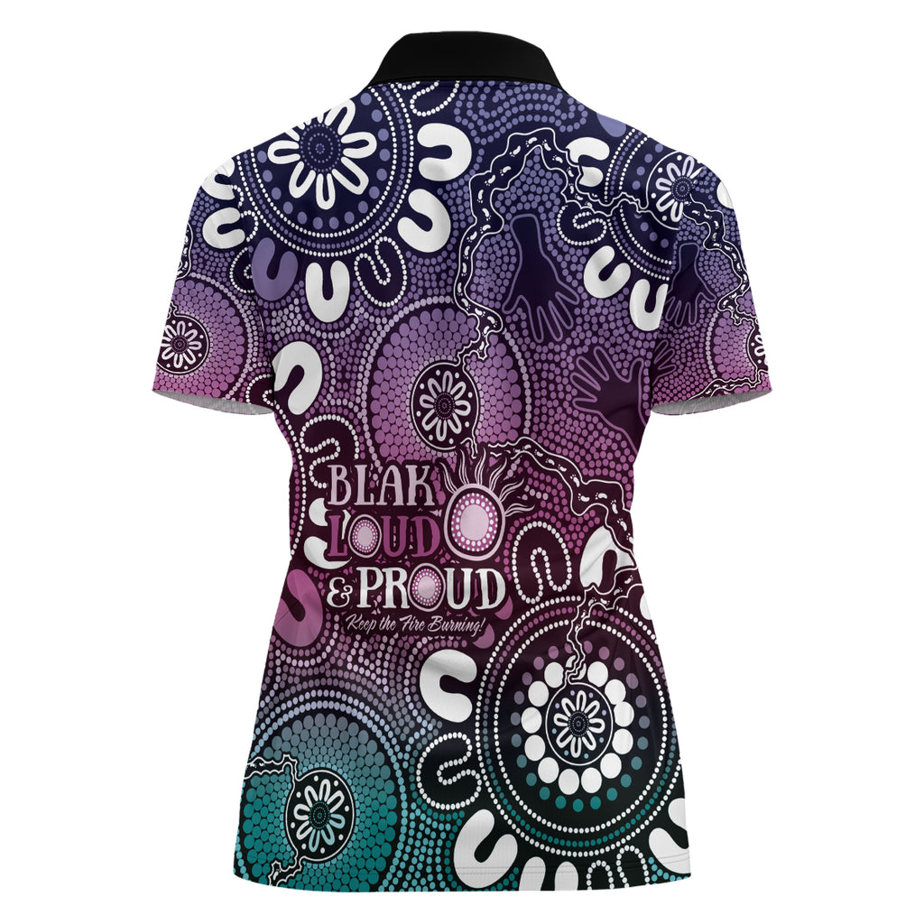 NAIDOC Week 2024 Fire Burning Women Polo Shirt Aboriginal Dots Pink Art