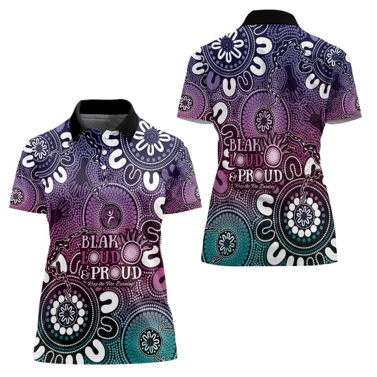 NAIDOC Week 2024 Fire Burning Women Polo Shirt Aboriginal Dots Pink Art