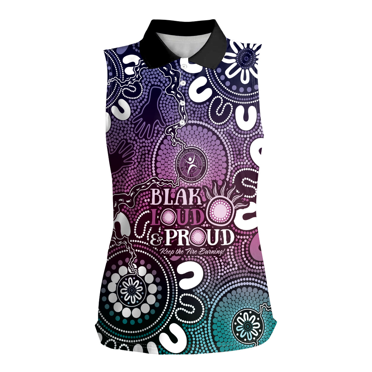 NAIDOC Week 2024 Fire Burning Women Sleeveless Polo Shirt Aboriginal Dots Pink Art