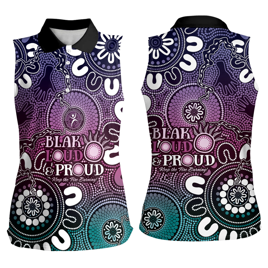 NAIDOC Week 2024 Fire Burning Women Sleeveless Polo Shirt Aboriginal Dots Pink Art