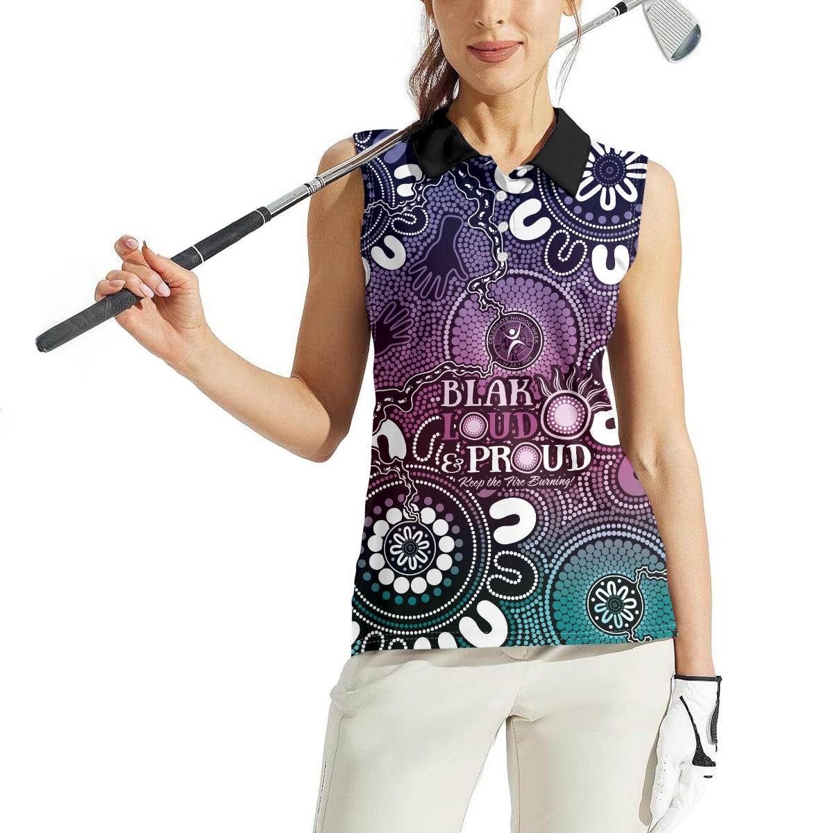 NAIDOC Week 2024 Fire Burning Women Sleeveless Polo Shirt Aboriginal Dots Pink Art