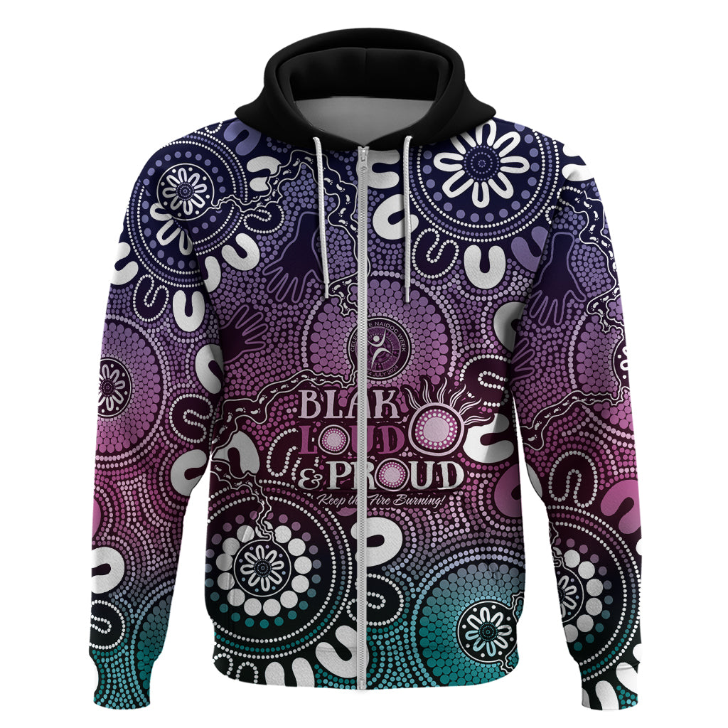 NAIDOC Week 2024 Fire Burning Zip Hoodie Aboriginal Dots Pink Art
