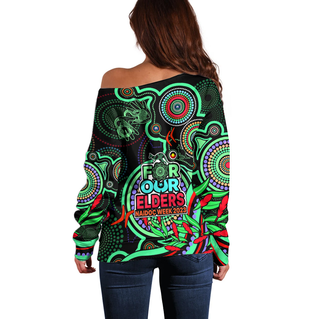 naidoc-week-2023-off-shoulder-sweater-indigenous-tribal-ver02-green