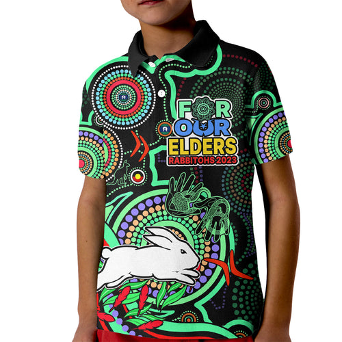 naidoc-2023-rabbitohs-rugby-kid-polo-shirt-the-bunnies-indigenous-tribal