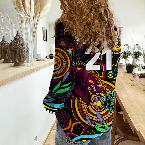 (Custom Text And Number) NAIDOC 2023 Broncos Rugby Women Casual Shirt Brisbane Indigenous Tribal LT9