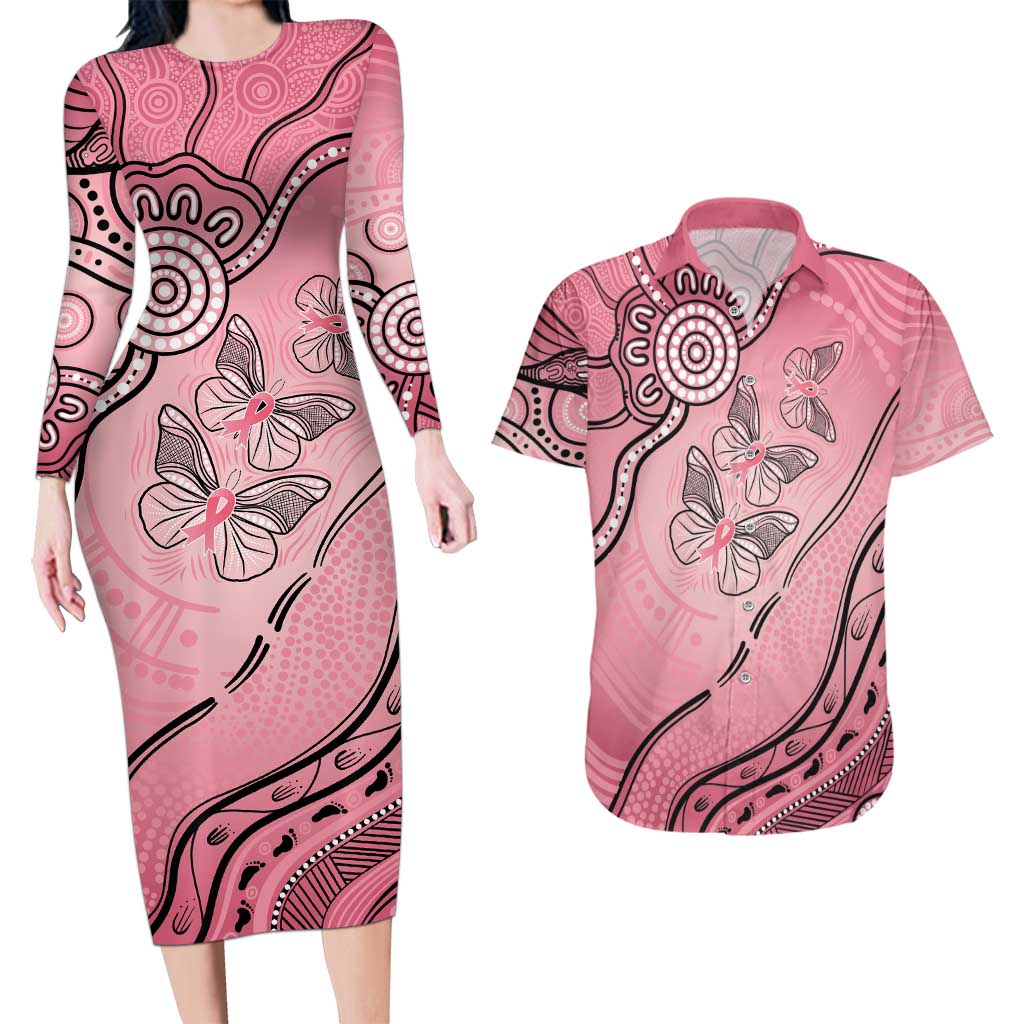 Pink Aboriginal Butterfly Ribbon Cancer Couples Matching Long Sleeve Bodycon Dress and Hawaiian Shirt