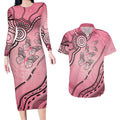 Pink Aboriginal Butterfly Ribbon Cancer Couples Matching Long Sleeve Bodycon Dress and Hawaiian Shirt