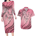 Pink Aboriginal Butterfly Ribbon Cancer Couples Matching Long Sleeve Bodycon Dress and Hawaiian Shirt