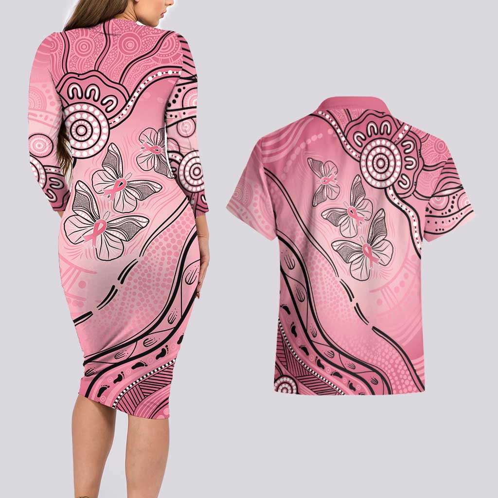 Pink Aboriginal Butterfly Ribbon Cancer Couples Matching Long Sleeve Bodycon Dress and Hawaiian Shirt