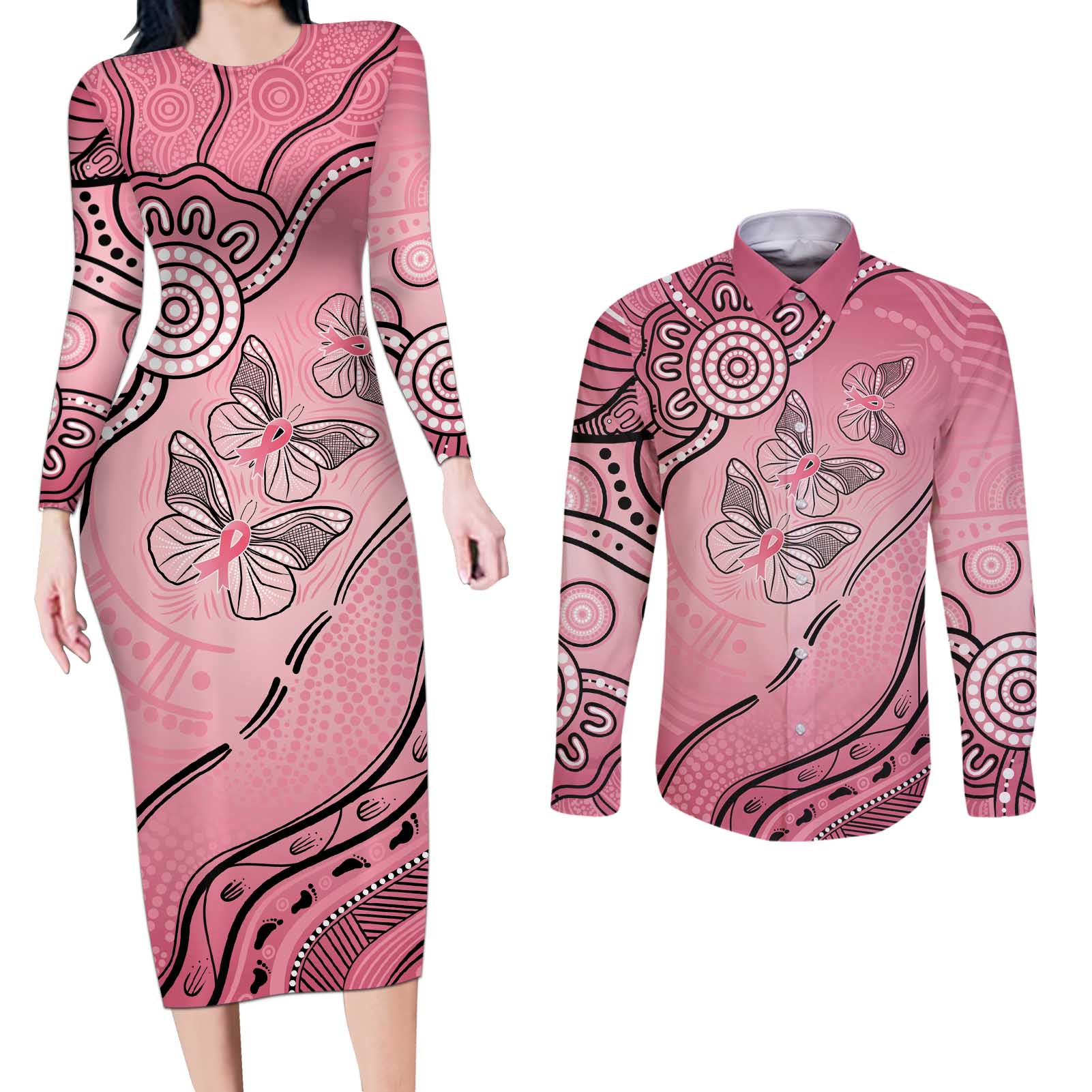Pink Aboriginal Butterfly Ribbon Cancer Couples Matching Long Sleeve Bodycon Dress and Long Sleeve Button Shirt