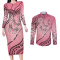 Pink Aboriginal Butterfly Ribbon Cancer Couples Matching Long Sleeve Bodycon Dress and Long Sleeve Button Shirt
