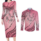Pink Aboriginal Butterfly Ribbon Cancer Couples Matching Long Sleeve Bodycon Dress and Long Sleeve Button Shirt