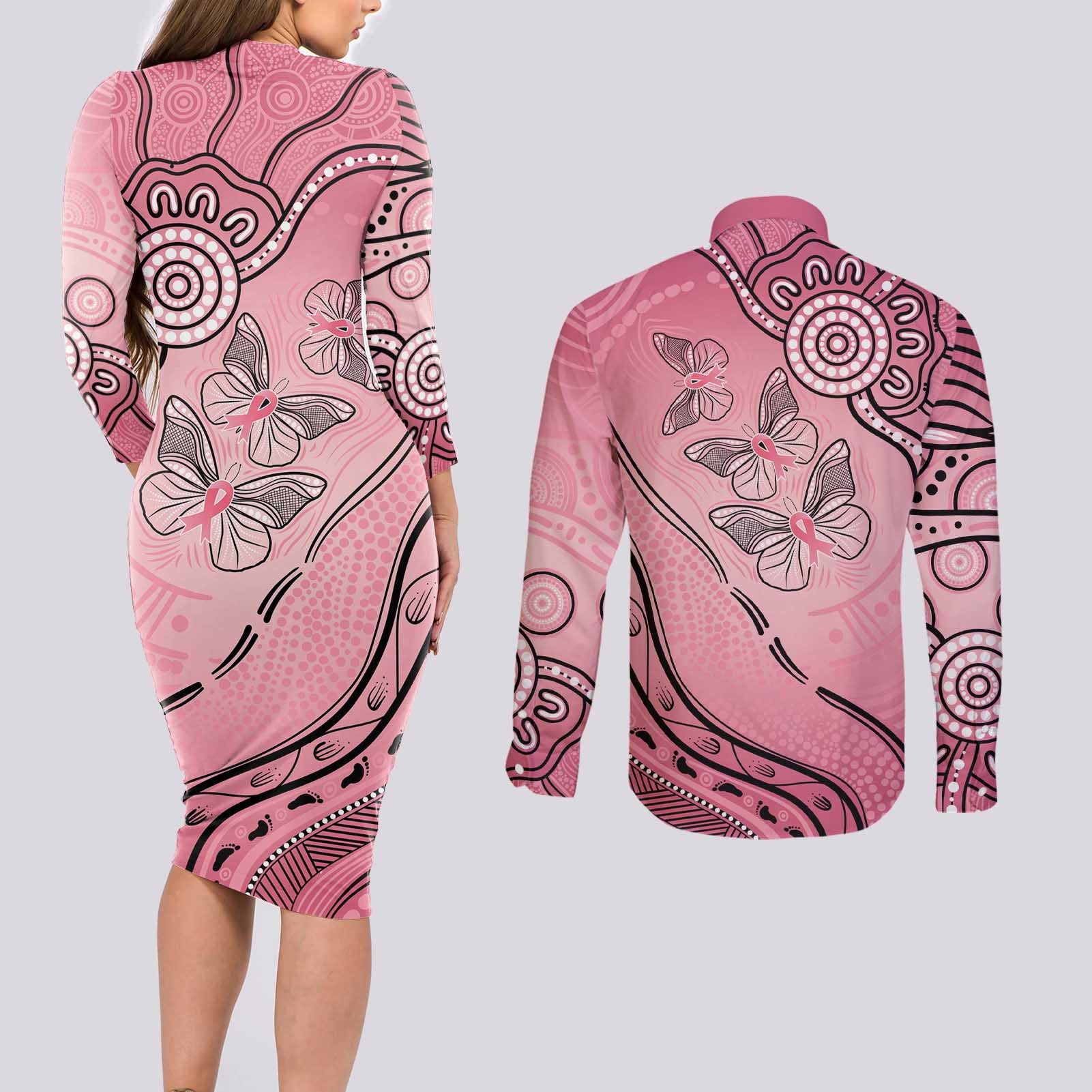 Pink Aboriginal Butterfly Ribbon Cancer Couples Matching Long Sleeve Bodycon Dress and Long Sleeve Button Shirt