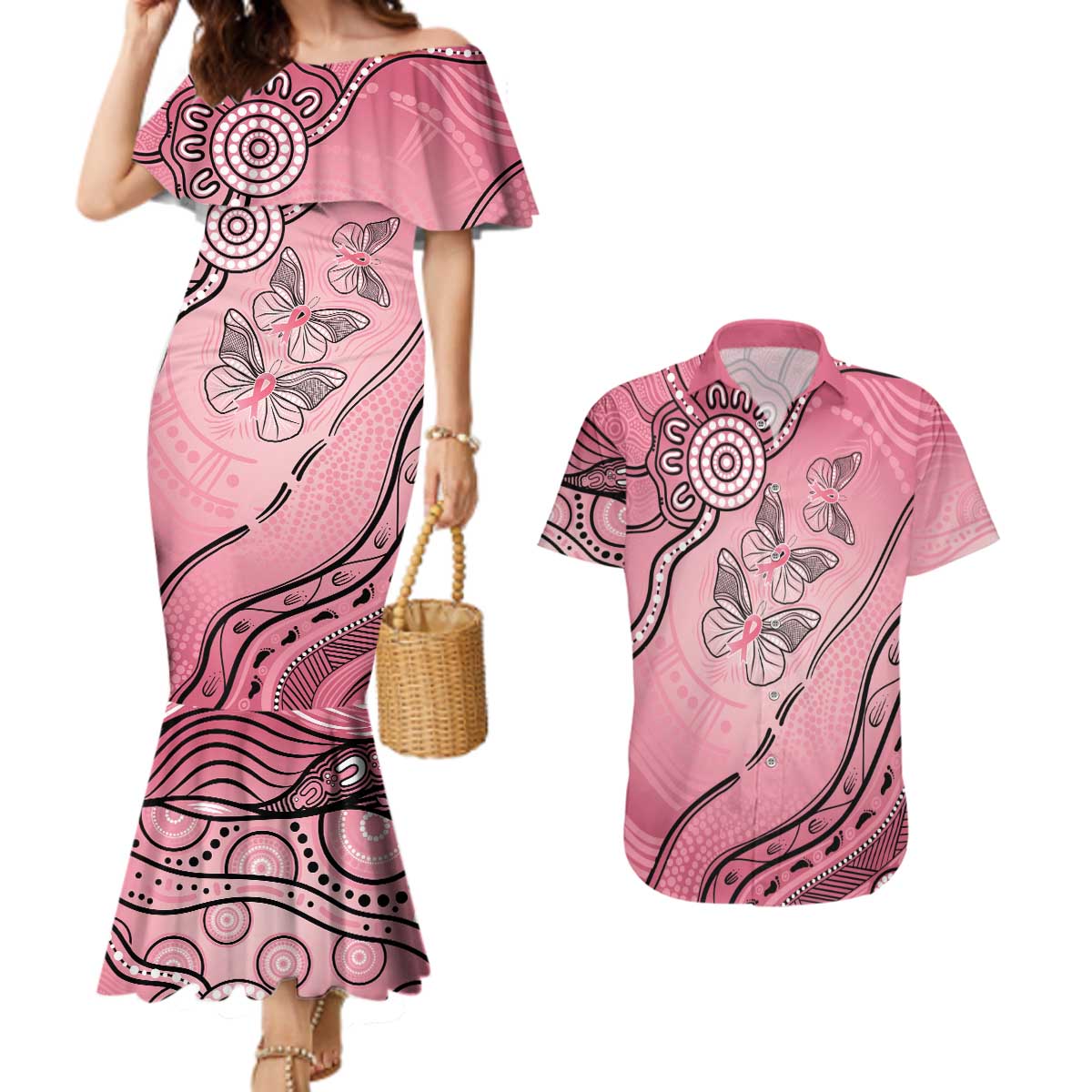 Pink Aboriginal Butterfly Ribbon Cancer Couples Matching Mermaid Dress and Hawaiian Shirt