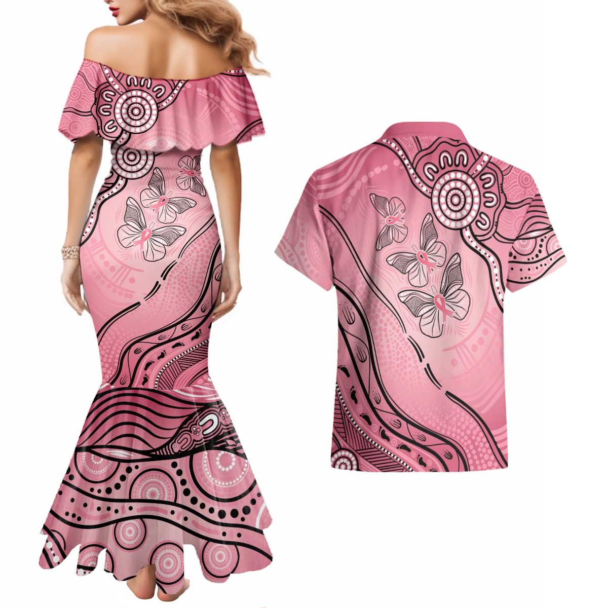 Pink Aboriginal Butterfly Ribbon Cancer Couples Matching Mermaid Dress and Hawaiian Shirt