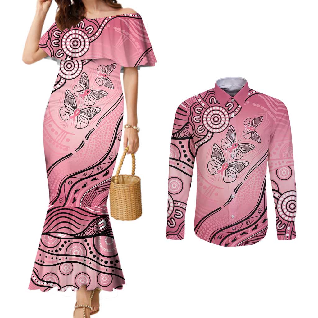 Pink Aboriginal Butterfly Ribbon Cancer Couples Matching Mermaid Dress and Long Sleeve Button Shirt
