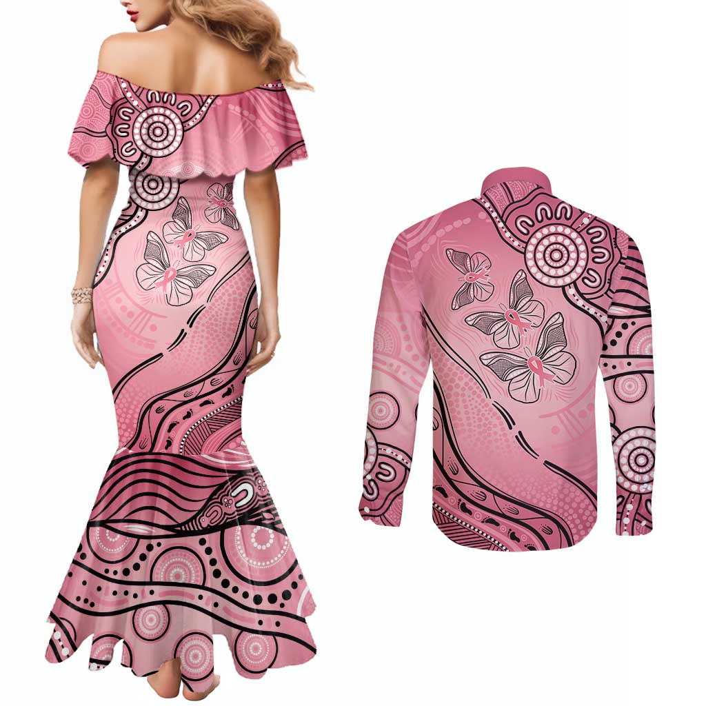 Pink Aboriginal Butterfly Ribbon Cancer Couples Matching Mermaid Dress and Long Sleeve Button Shirt