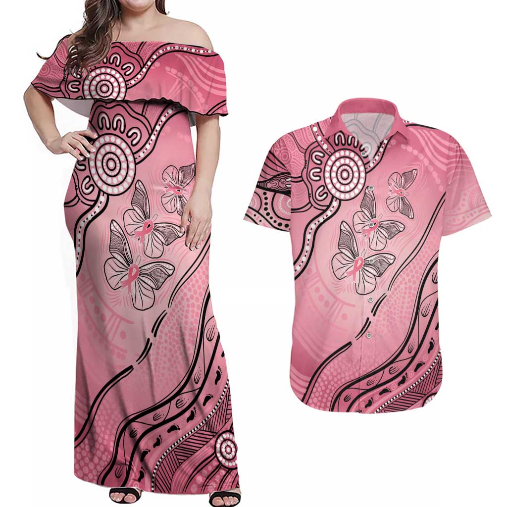 Pink Aboriginal Butterfly Ribbon Cancer Couples Matching Off Shoulder Maxi Dress and Hawaiian Shirt