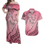 Pink Aboriginal Butterfly Ribbon Cancer Couples Matching Off Shoulder Maxi Dress and Hawaiian Shirt
