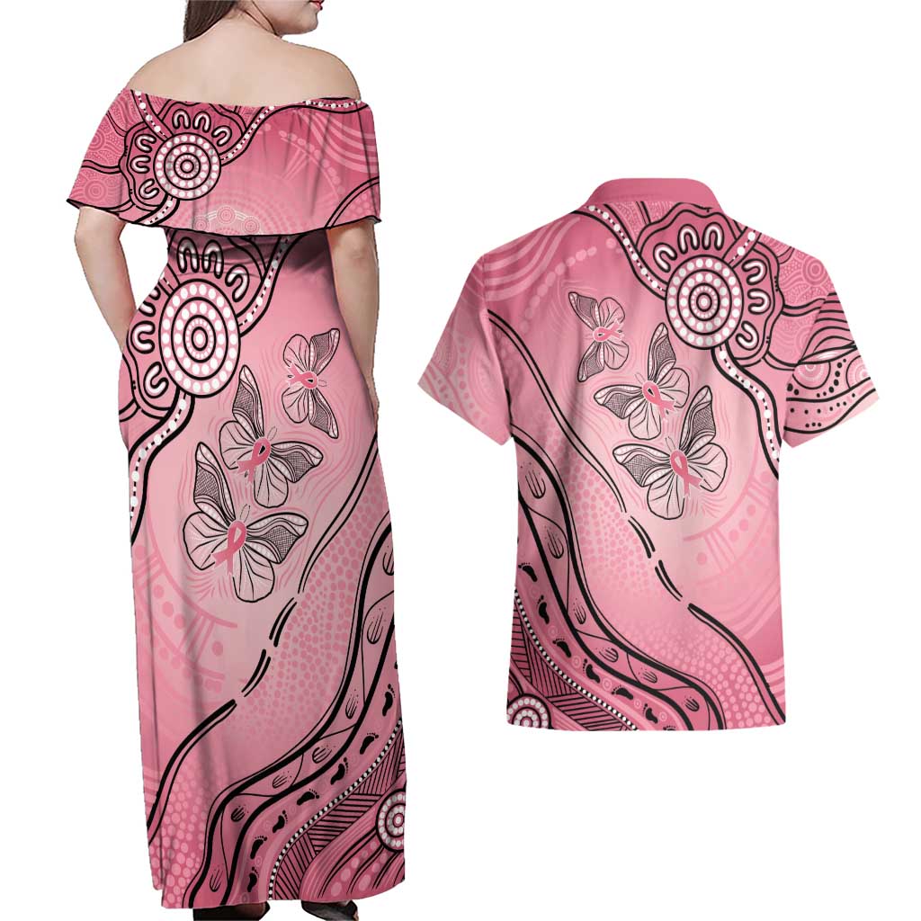 Pink Aboriginal Butterfly Ribbon Cancer Couples Matching Off Shoulder Maxi Dress and Hawaiian Shirt