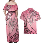 Pink Aboriginal Butterfly Ribbon Cancer Couples Matching Off Shoulder Maxi Dress and Hawaiian Shirt