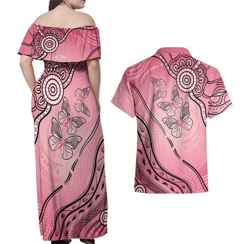 Pink Aboriginal Butterfly Ribbon Cancer Couples Matching Off Shoulder Maxi Dress and Hawaiian Shirt