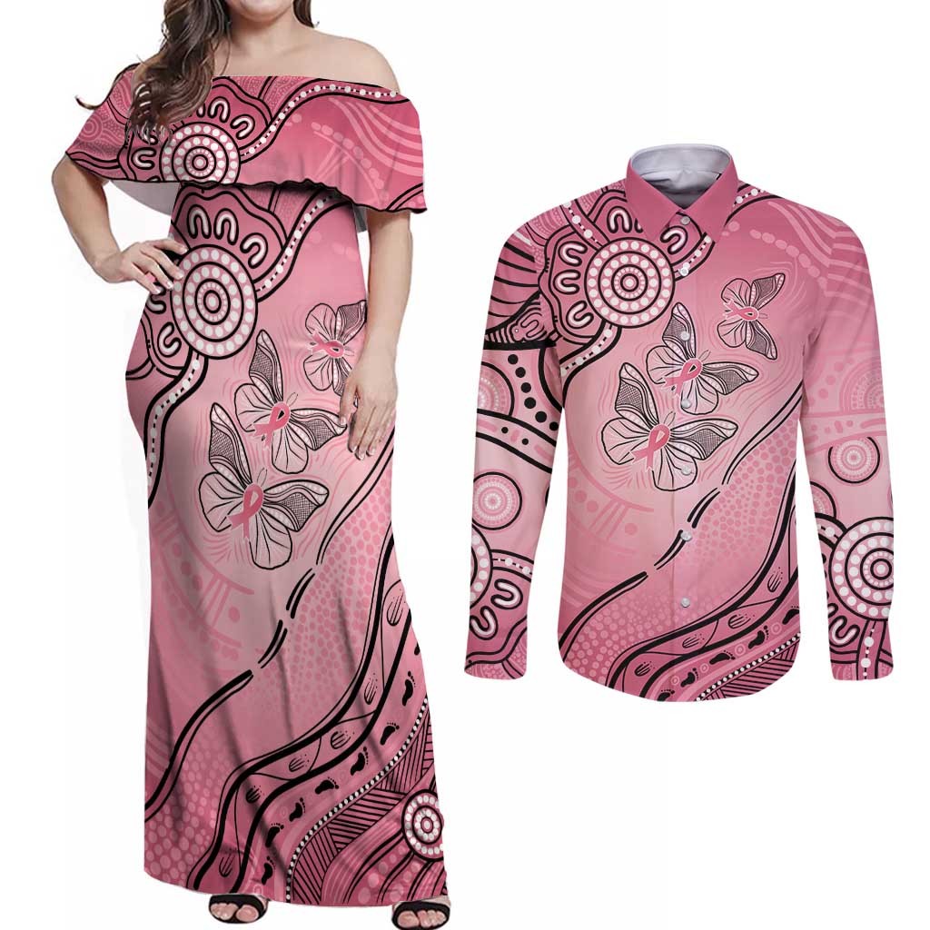 Pink Aboriginal Butterfly Ribbon Cancer Couples Matching Off Shoulder Maxi Dress and Long Sleeve Button Shirt