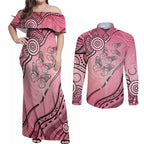 Pink Aboriginal Butterfly Ribbon Cancer Couples Matching Off Shoulder Maxi Dress and Long Sleeve Button Shirt