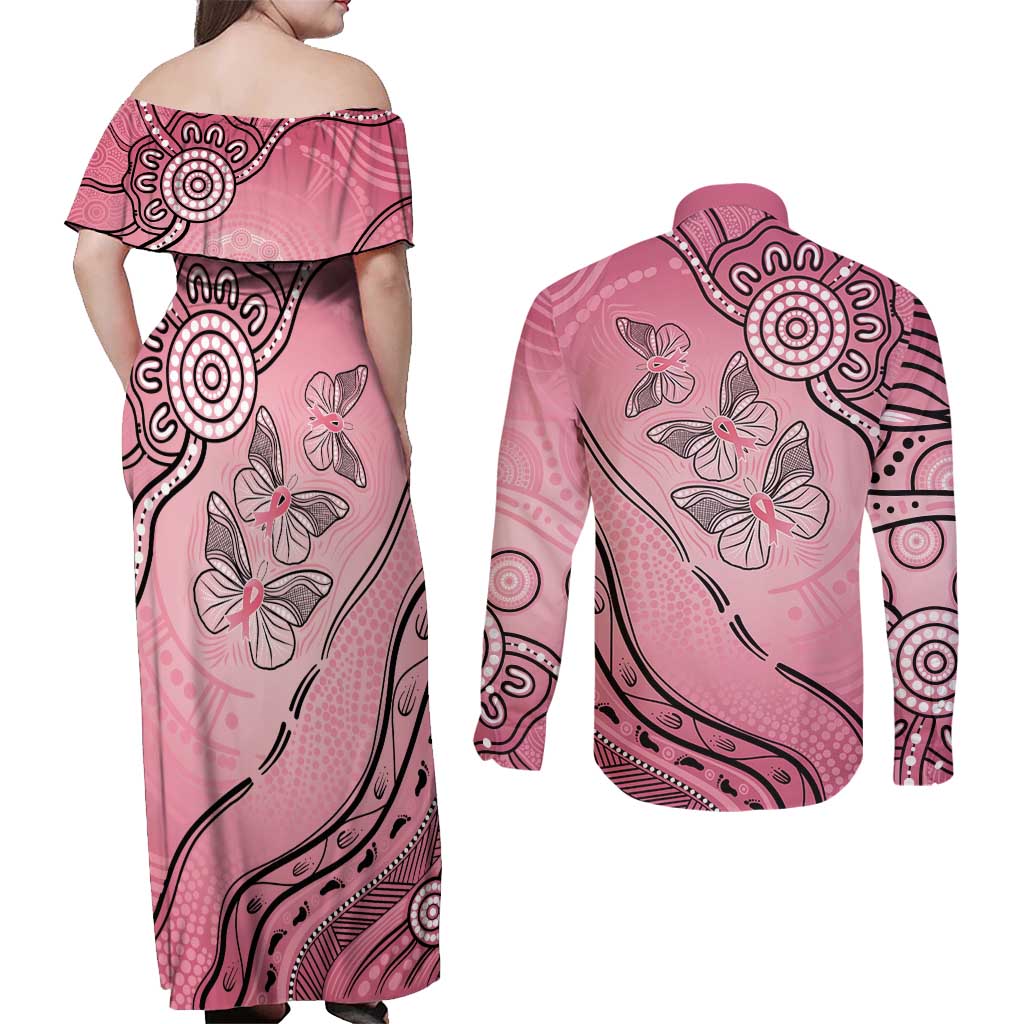 Pink Aboriginal Butterfly Ribbon Cancer Couples Matching Off Shoulder Maxi Dress and Long Sleeve Button Shirt