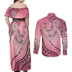 Pink Aboriginal Butterfly Ribbon Cancer Couples Matching Off Shoulder Maxi Dress and Long Sleeve Button Shirt