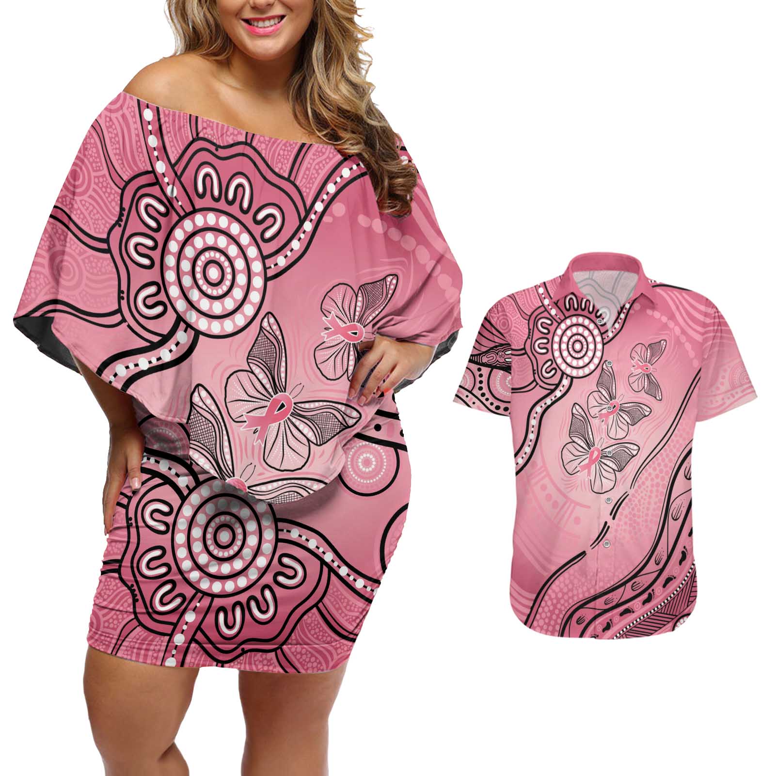 Pink Aboriginal Butterfly Ribbon Cancer Couples Matching Off Shoulder Short Dress and Hawaiian Shirt