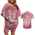 Pink Aboriginal Butterfly Ribbon Cancer Couples Matching Off Shoulder Short Dress and Hawaiian Shirt
