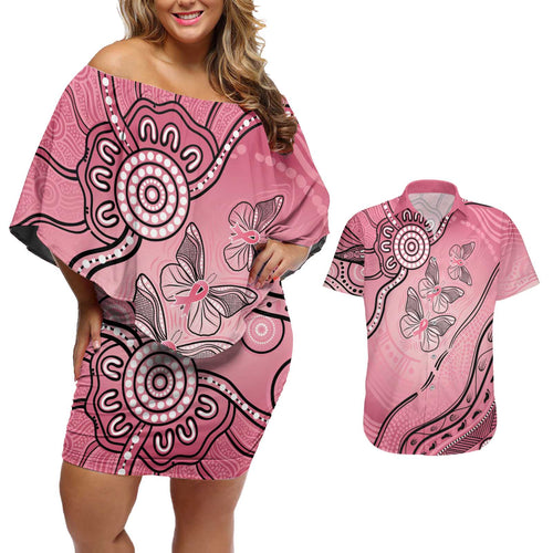 Pink Aboriginal Butterfly Ribbon Cancer Couples Matching Off Shoulder Short Dress and Hawaiian Shirt