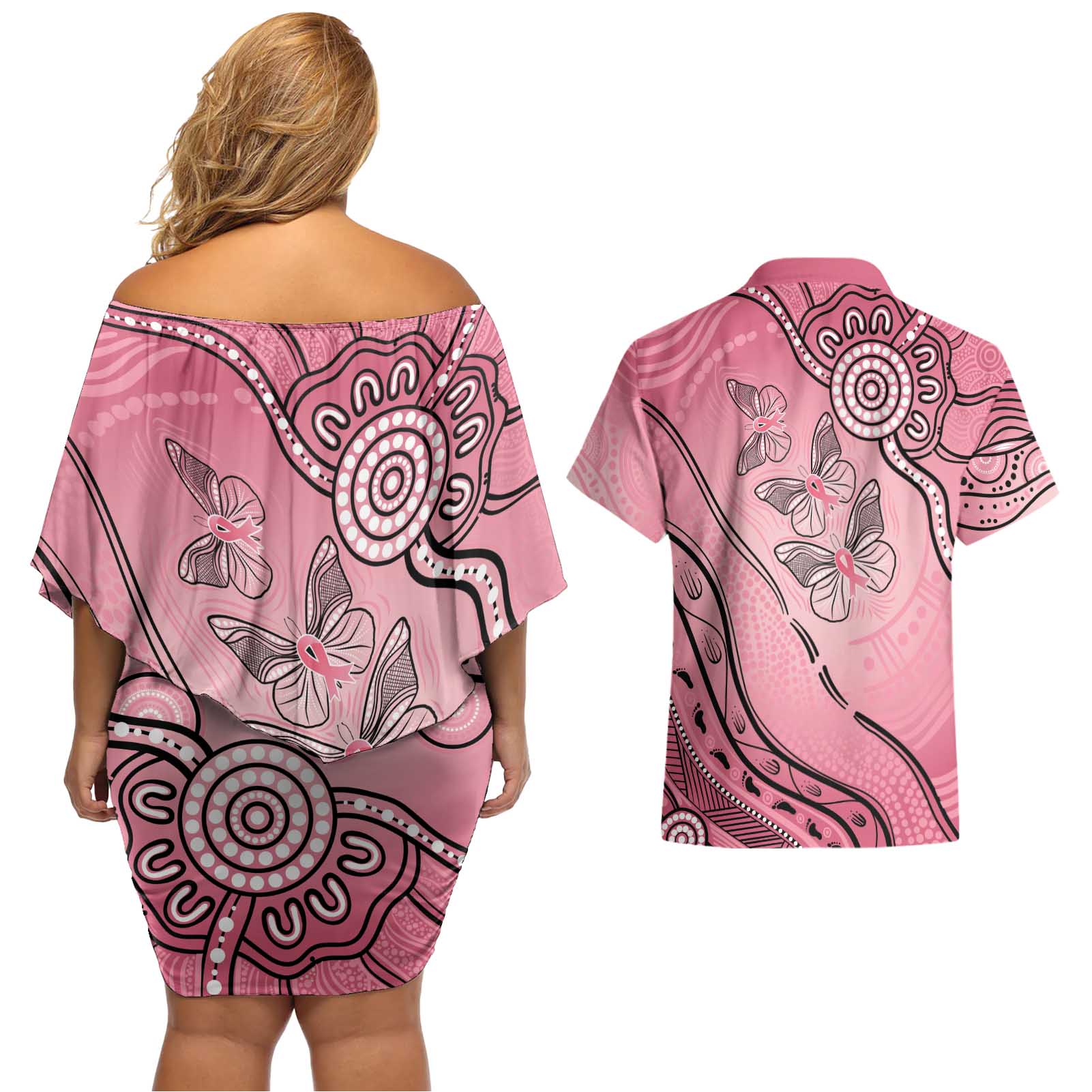 Pink Aboriginal Butterfly Ribbon Cancer Couples Matching Off Shoulder Short Dress and Hawaiian Shirt