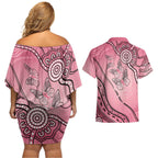 Pink Aboriginal Butterfly Ribbon Cancer Couples Matching Off Shoulder Short Dress and Hawaiian Shirt
