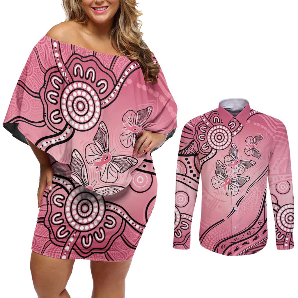 Pink Aboriginal Butterfly Ribbon Cancer Couples Matching Off Shoulder Short Dress and Long Sleeve Button Shirt