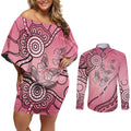 Pink Aboriginal Butterfly Ribbon Cancer Couples Matching Off Shoulder Short Dress and Long Sleeve Button Shirt