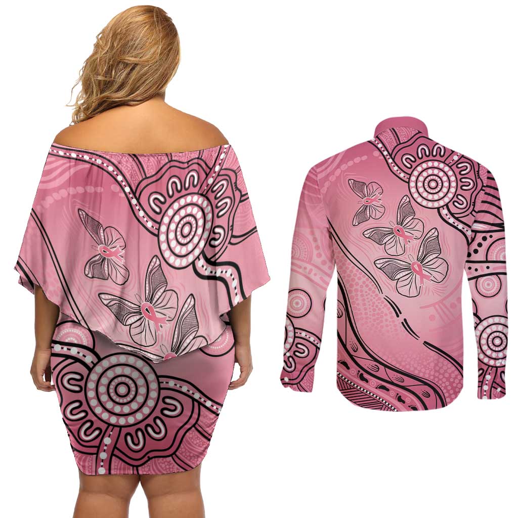 Pink Aboriginal Butterfly Ribbon Cancer Couples Matching Off Shoulder Short Dress and Long Sleeve Button Shirt