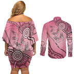 Pink Aboriginal Butterfly Ribbon Cancer Couples Matching Off Shoulder Short Dress and Long Sleeve Button Shirt