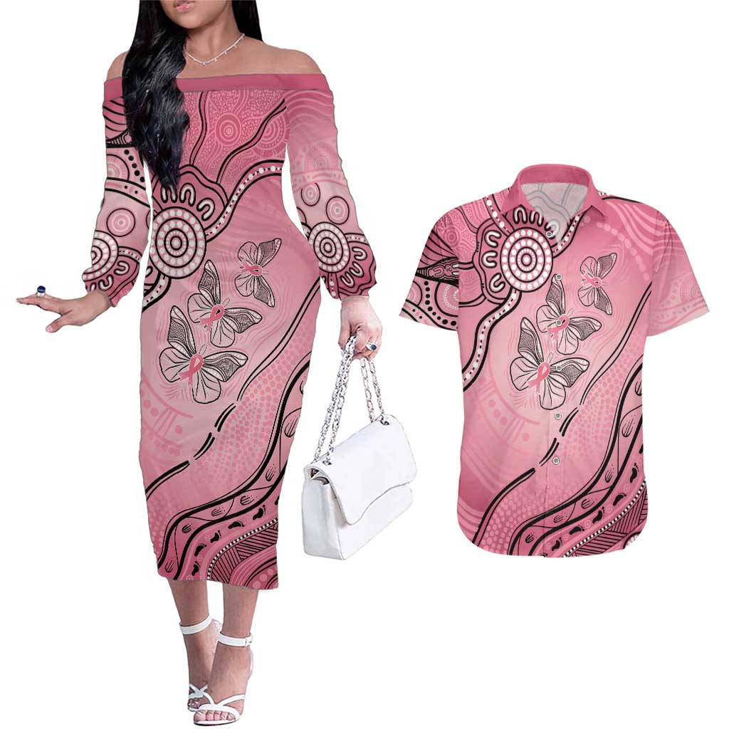 Pink Aboriginal Butterfly Ribbon Cancer Couples Matching Off The Shoulder Long Sleeve Dress and Hawaiian Shirt