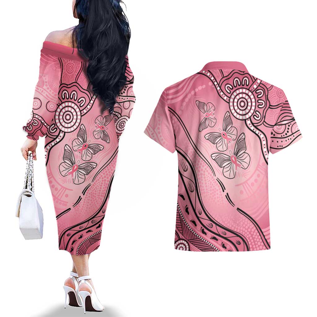 Pink Aboriginal Butterfly Ribbon Cancer Couples Matching Off The Shoulder Long Sleeve Dress and Hawaiian Shirt