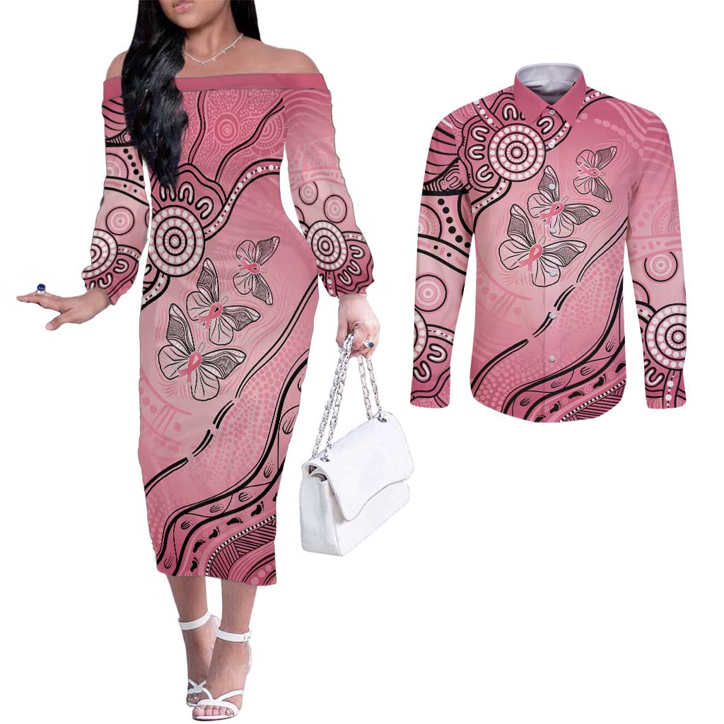 Pink Aboriginal Butterfly Ribbon Cancer Couples Matching Off The Shoulder Long Sleeve Dress and Long Sleeve Button Shirt