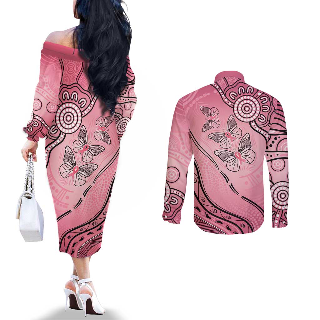 Pink Aboriginal Butterfly Ribbon Cancer Couples Matching Off The Shoulder Long Sleeve Dress and Long Sleeve Button Shirt